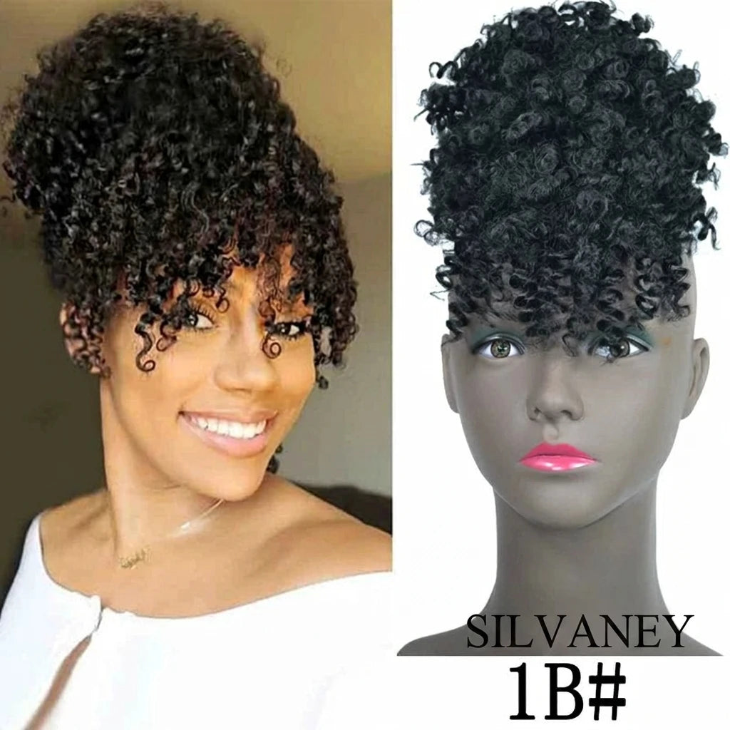 Afro Bun Curly Puff Hair Ponytail Clip In Bangs Wig
