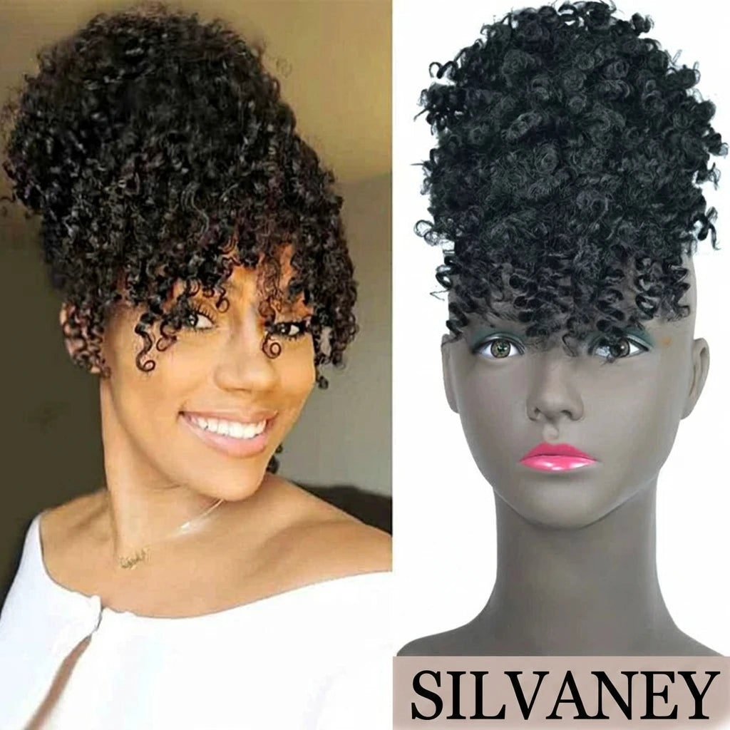 Afro Bun Curly Puff Hair Ponytail Clip In Bangs Wig
