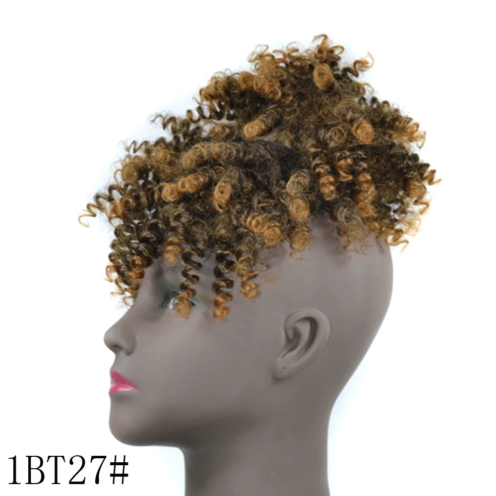 Afro Bun Curly Puff Hair Ponytail Clip In Bangs Wig