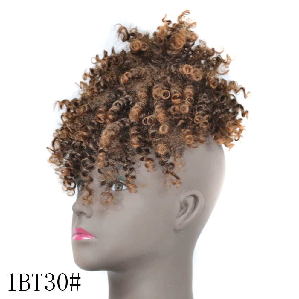 Afro Bun Curly Puff Hair Ponytail Clip In Bangs Wig