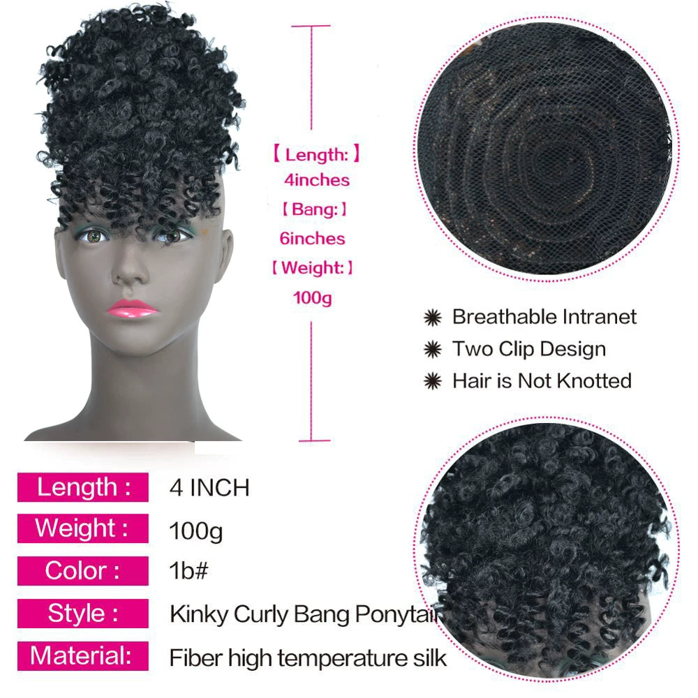 Afro Bun Curly Puff Hair Ponytail Clip In Bangs Wig