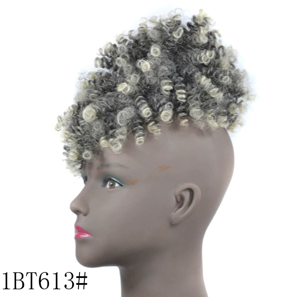 Afro Bun Curly Puff Hair Ponytail Clip In Bangs Wig