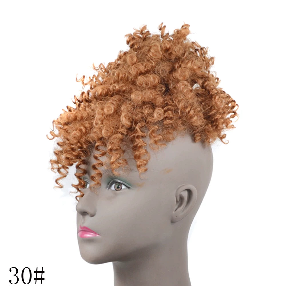 Afro Bun Curly Puff Hair Ponytail Clip In Bangs Wig