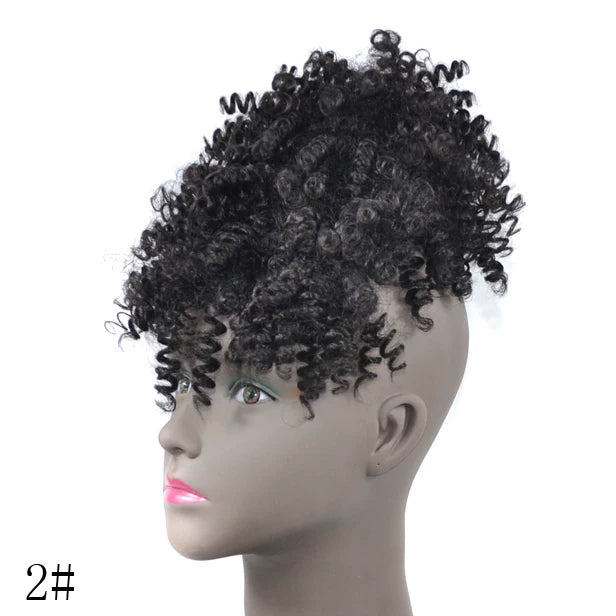 Afro Bun Curly Puff Hair Ponytail Clip In Bangs Wig