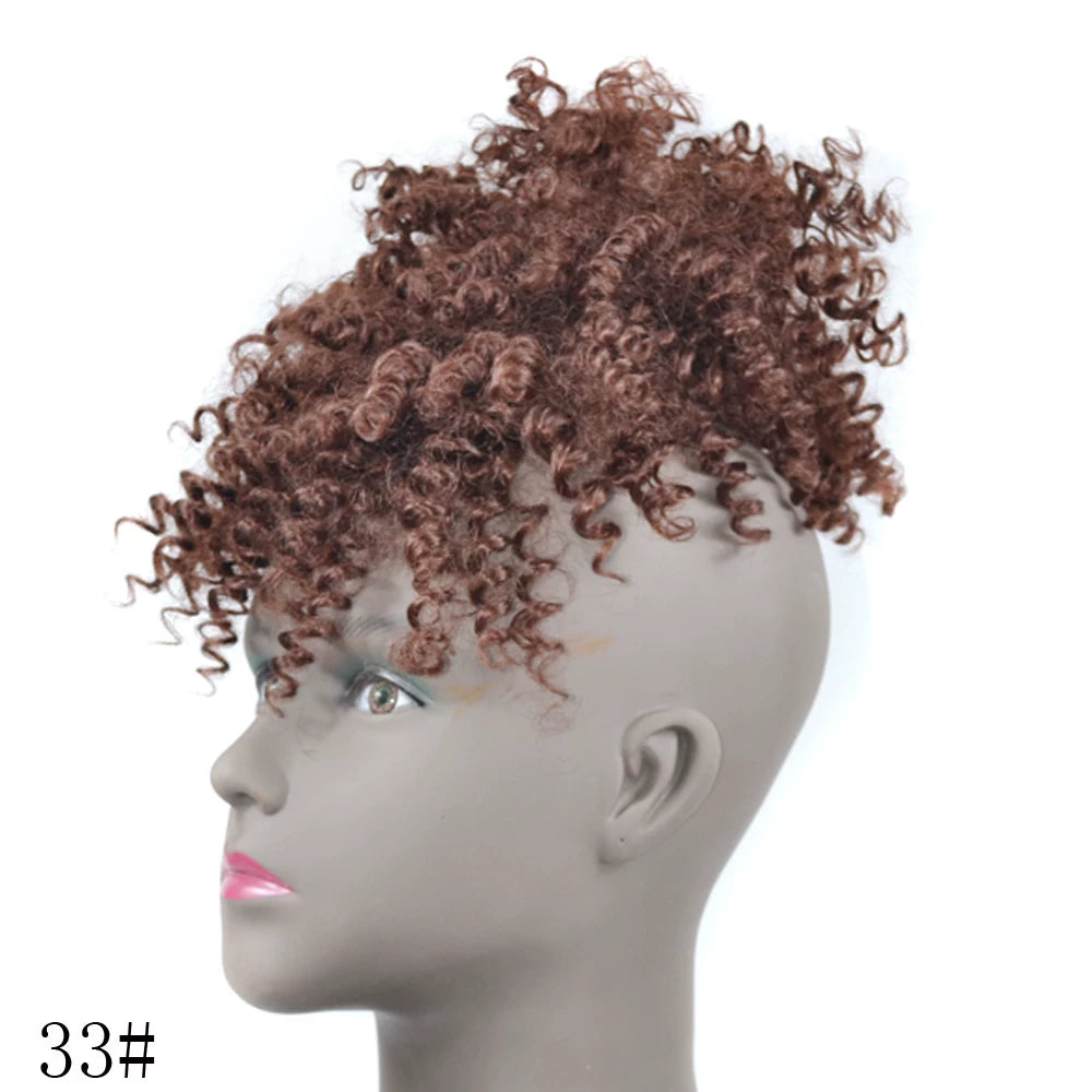 Afro Bun Curly Puff Hair Ponytail Clip In Bangs Wig
