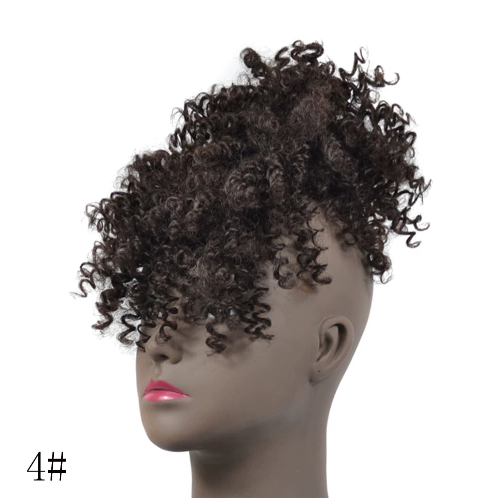 Afro Bun Curly Puff Hair Ponytail Clip In Bangs Wig